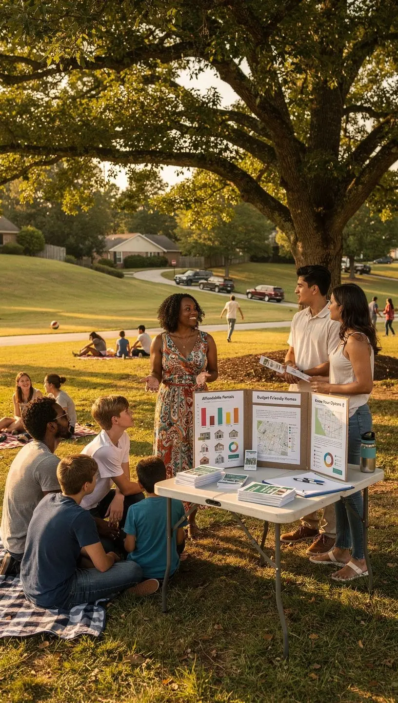 Ilustracja przedstawiająca rodzinę w nowym domu, cieszącą się z udanej transakcji wynajmu.