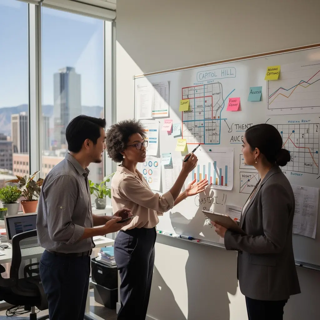 Rodzina przeglądająca oferty mieszkań, z uśmiechami na twarzach, z radością planująca przeprowadzkę.