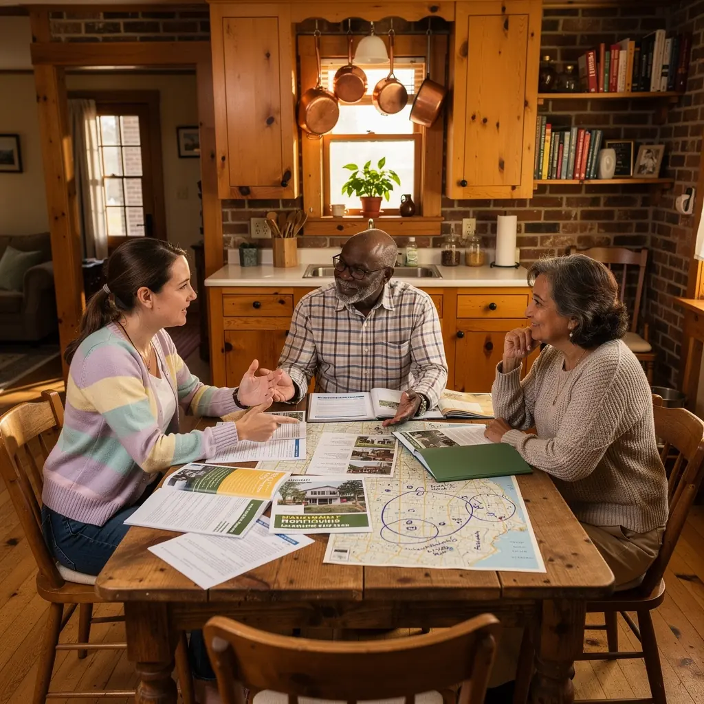 Zdjęcie przedstawiające zespół specjalistów od wynajmu mieszkań, omawiających różne opcje mieszkań w USA.