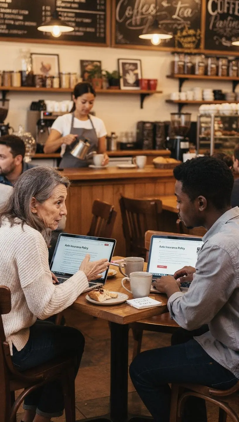 Kalkulator i długopis obok formularzy ubezpieczeniowych na biurku.